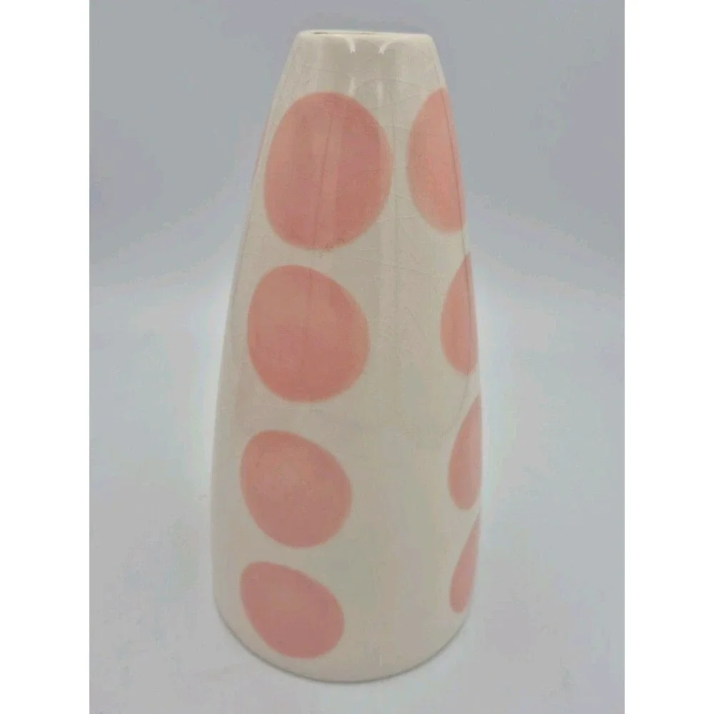 Russ Berrie Pink & White Polka Dot Vase w/ Tulip Cut Out 8 3/8